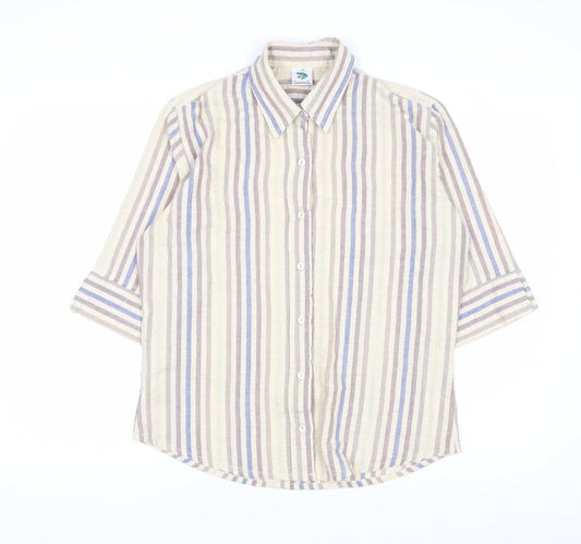Grenouille Men's Beige Striped Cotton 3/4 Sleeve Button-Up Shirt Size M