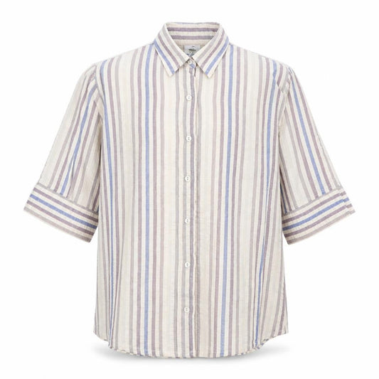 Grenouille Men's Beige Striped Cotton 3/4 Sleeve Button-Up Shirt Size M