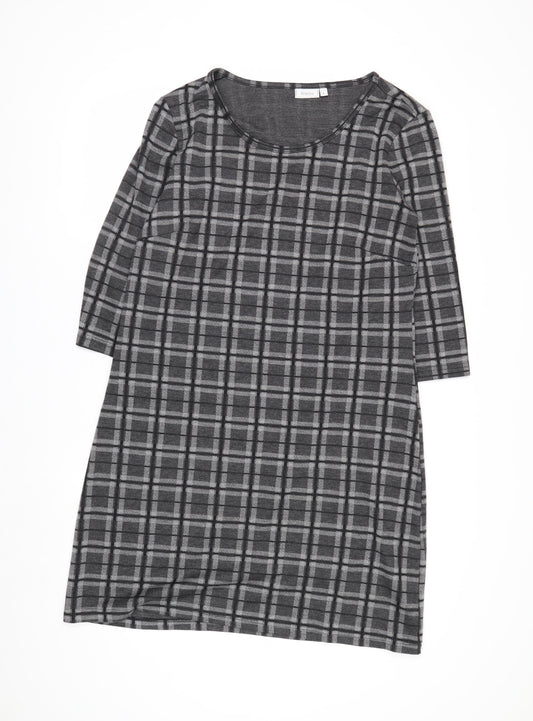 Fransa Women Grey Check Shift Dress L 3/4 Sleeve Knee Length