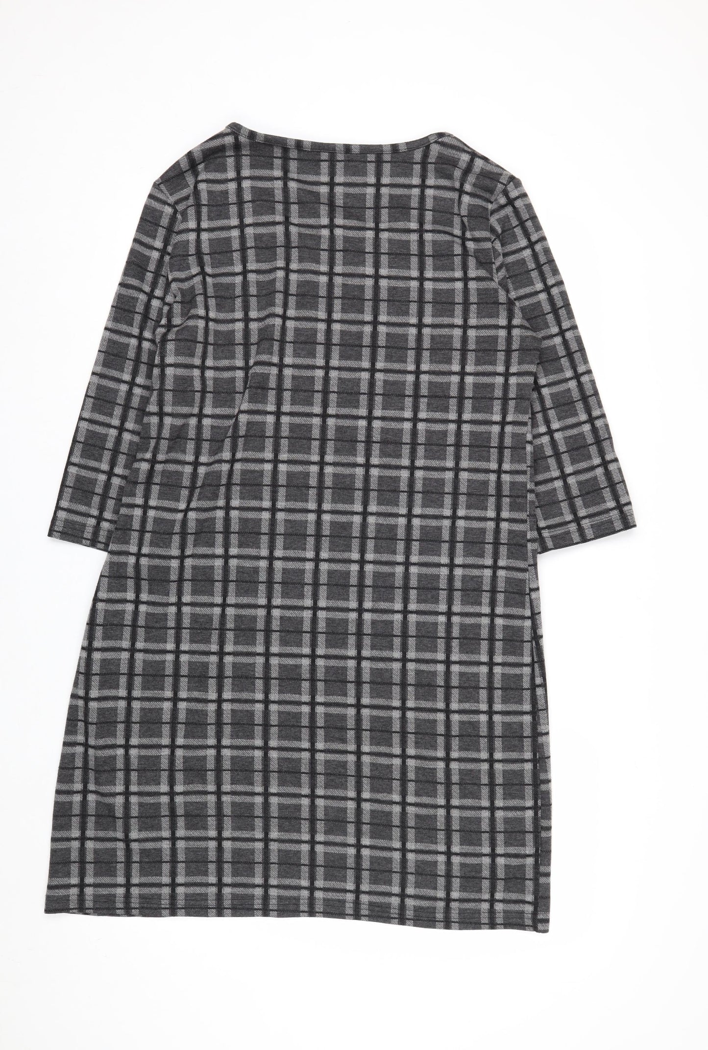 Fransa Women Grey Check Shift Dress L 3/4 Sleeve Knee Length