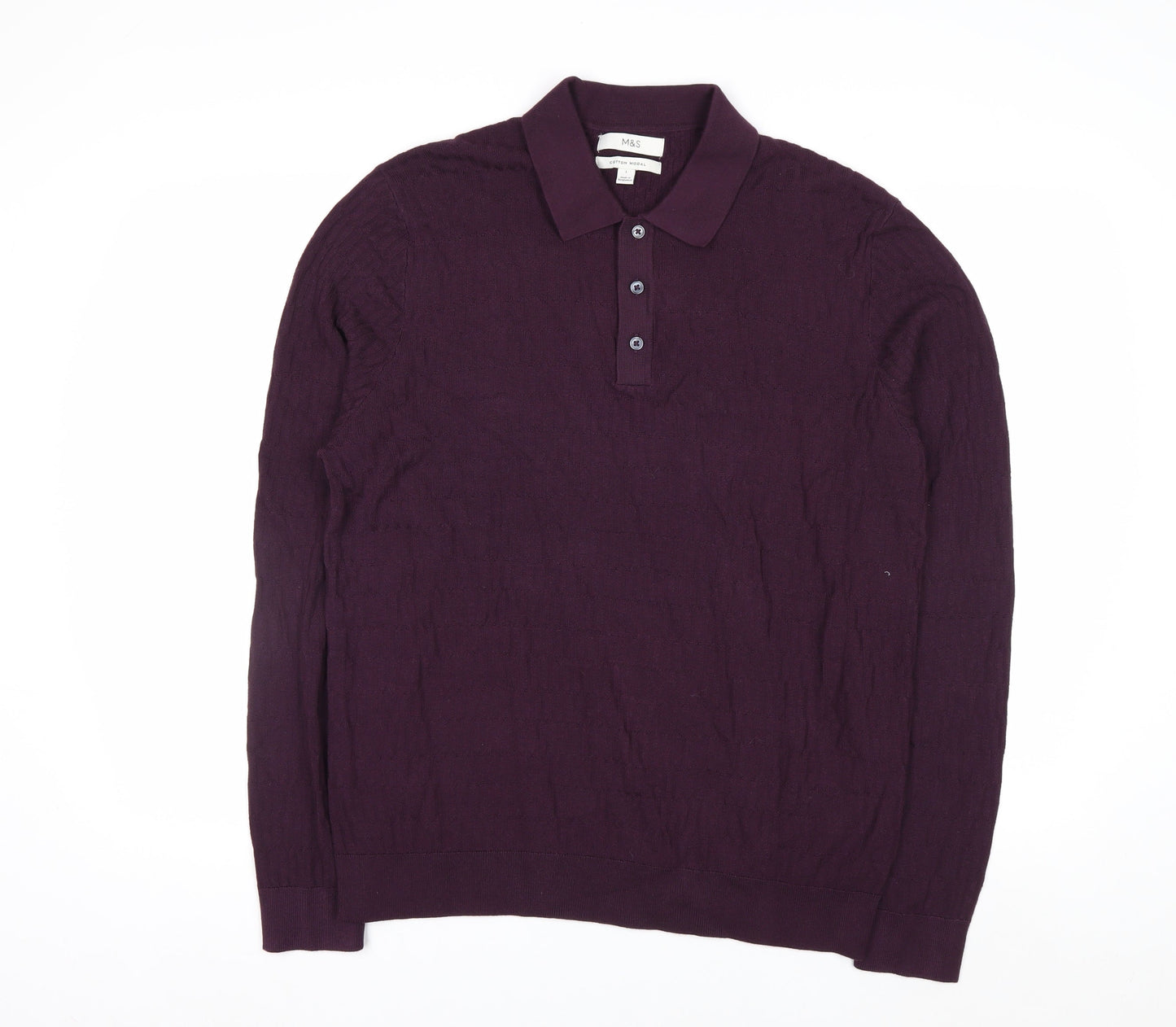 Marks and Spencer Men's Purple Collared Henley Cotton Jumper L