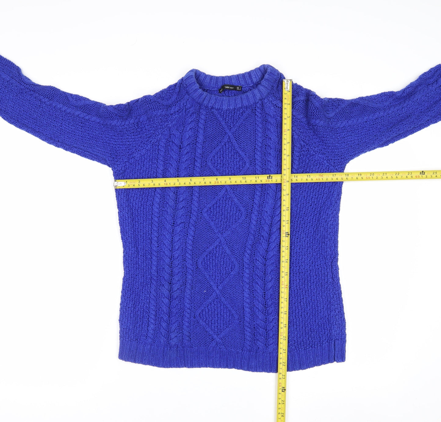 Zara Women Blue Cable Knit Crew Neck Jumper Size S