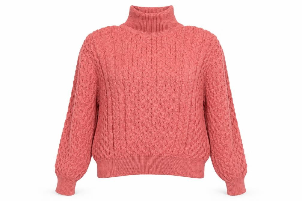 Country Knitwear Womens Pink Wool Roll Neck Cable Jumper XL