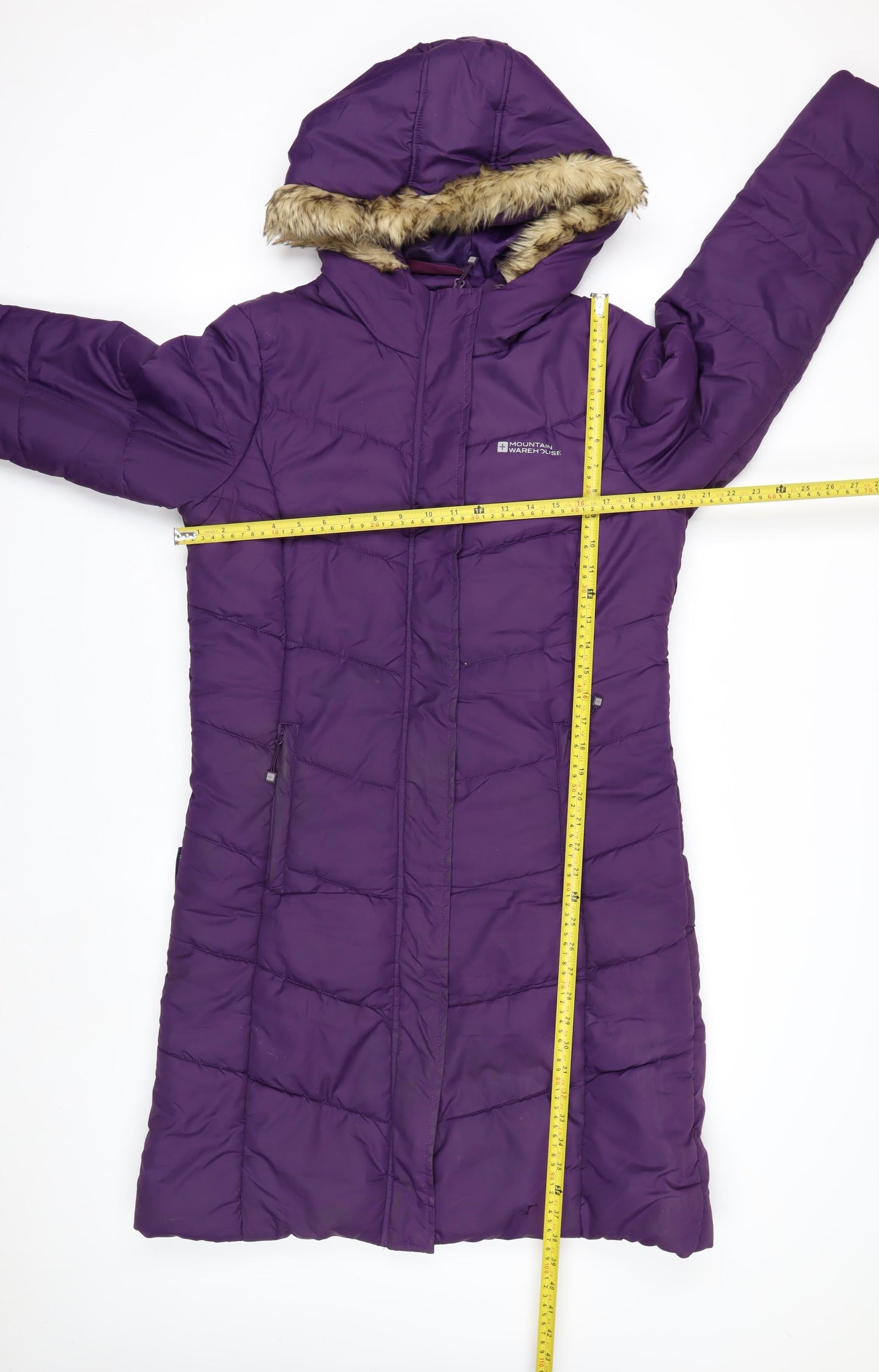 Mountain Warehouse Womens Purple Long Puffer Coat Size 12 Hooded Faux Fur Trim Winter Jacket