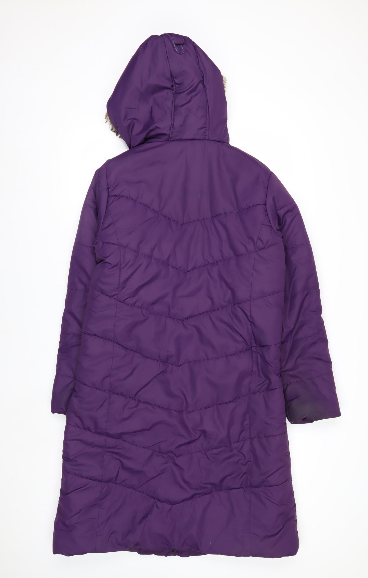 Mountain Warehouse Womens Purple Long Puffer Coat Size 12 Hooded Faux Fur Trim Winter Jacket