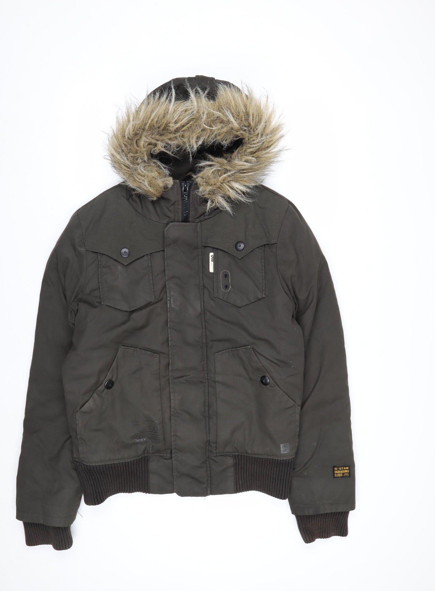 G-Star RAW Men's Green Hooded Bomber Jacket M Faux Fur Trim Winter