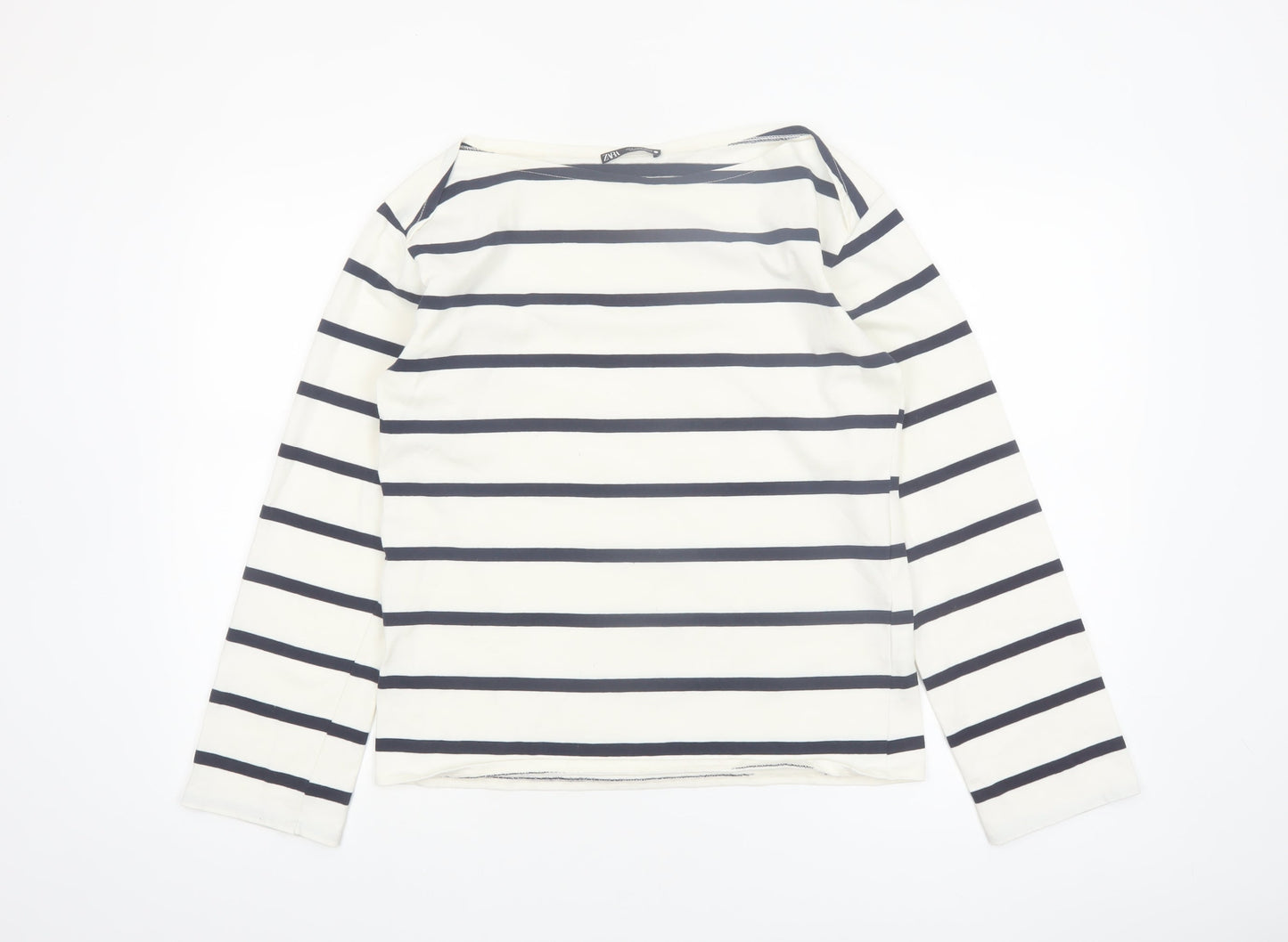 ZARA Women White Striped Long Sleeve Boat Neck Cotton T-Shirt Size 8