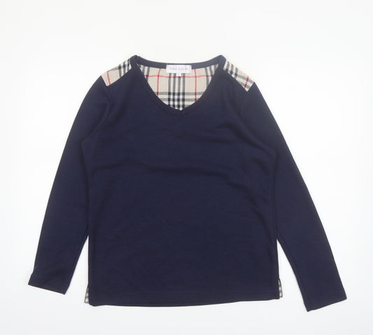 Sara Louise Womens Blue Check Trim Long Sleeve V-Neck T-Shirt Size S