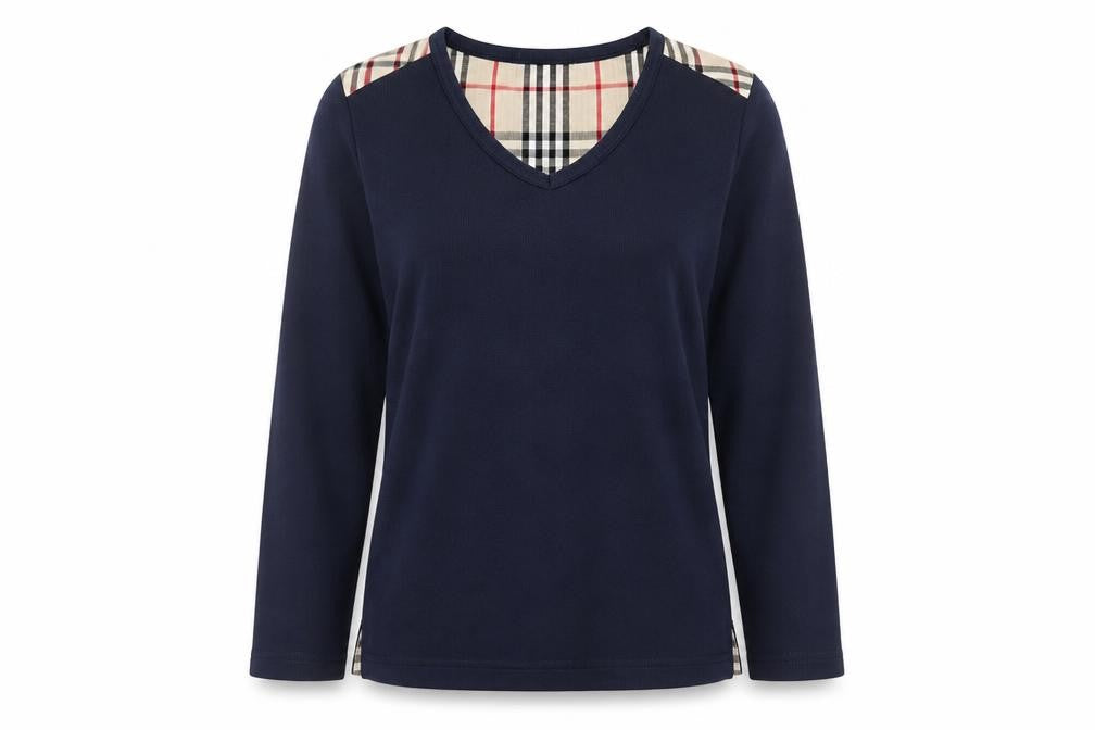Sara Louise Womens Blue Check Trim Long Sleeve V-Neck T-Shirt Size S