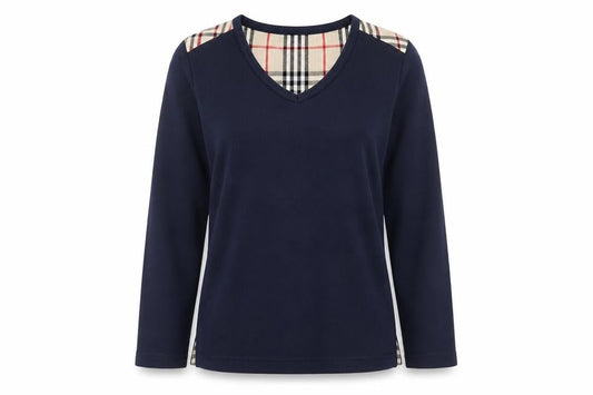 Sara Louise Womens Blue Check Trim Long Sleeve V-Neck T-Shirt Size S