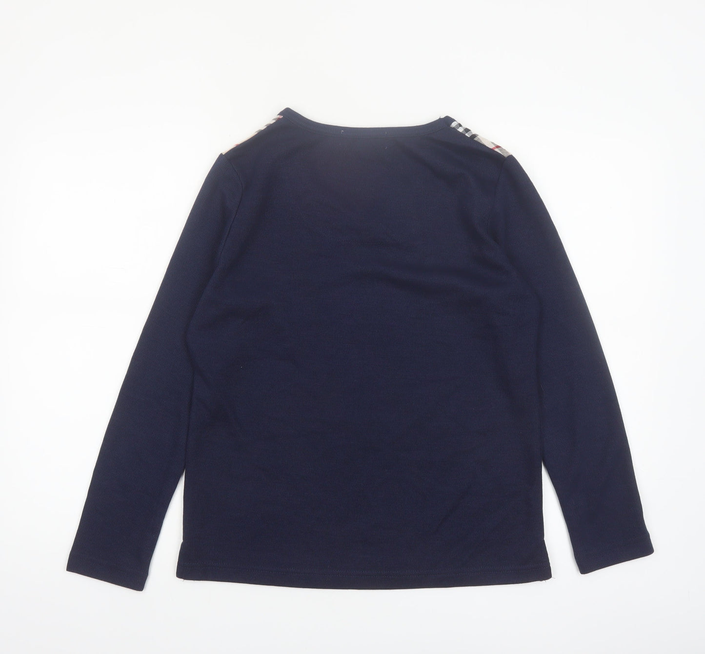 Sara Louise Womens Blue Check Trim Long Sleeve V-Neck T-Shirt Size S