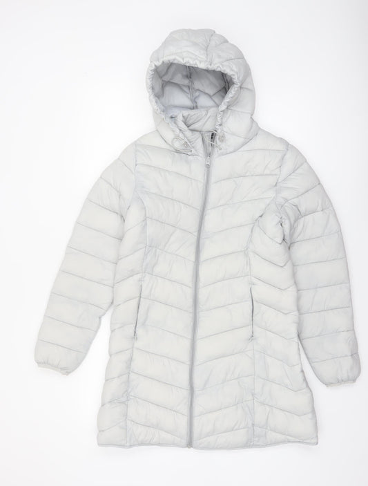 George Women’s Grey Puffer Jacket Hooded S 8-10 Quilted Mid-Length