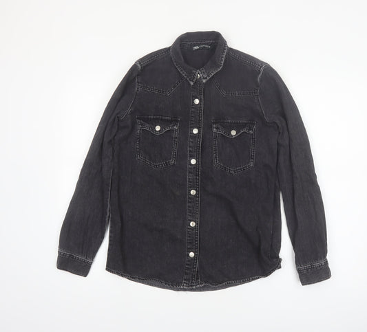 Zara Women's Black Denim Button-Up Shirt XS Regular Fit