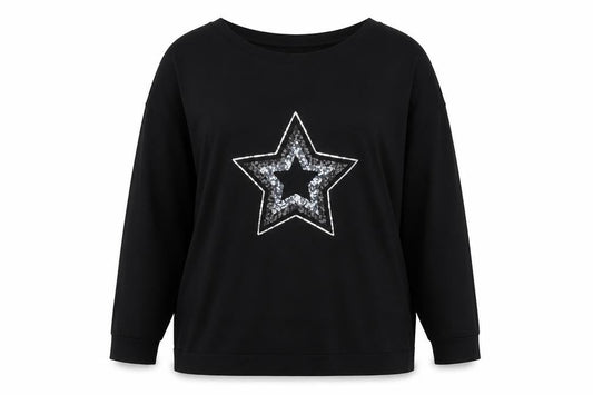 Live For The Weekend Women's Black Sequin Star Long Sleeve T-Shirt Size 20