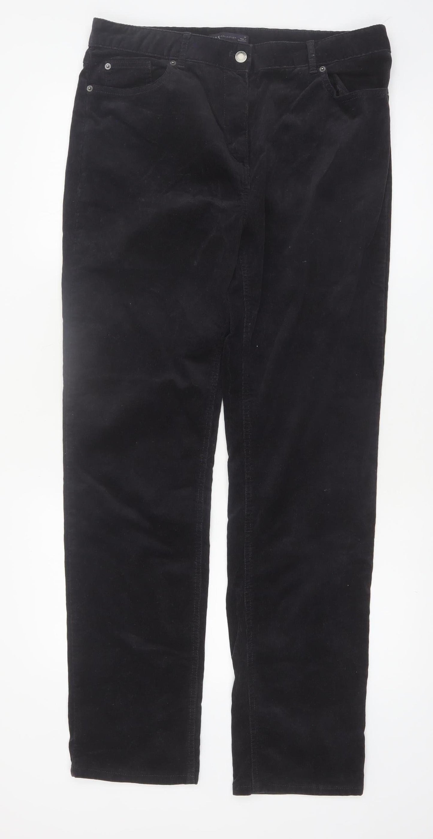Marks and Spencer Women Black Corduroy Straight Trousers Size 14 Long