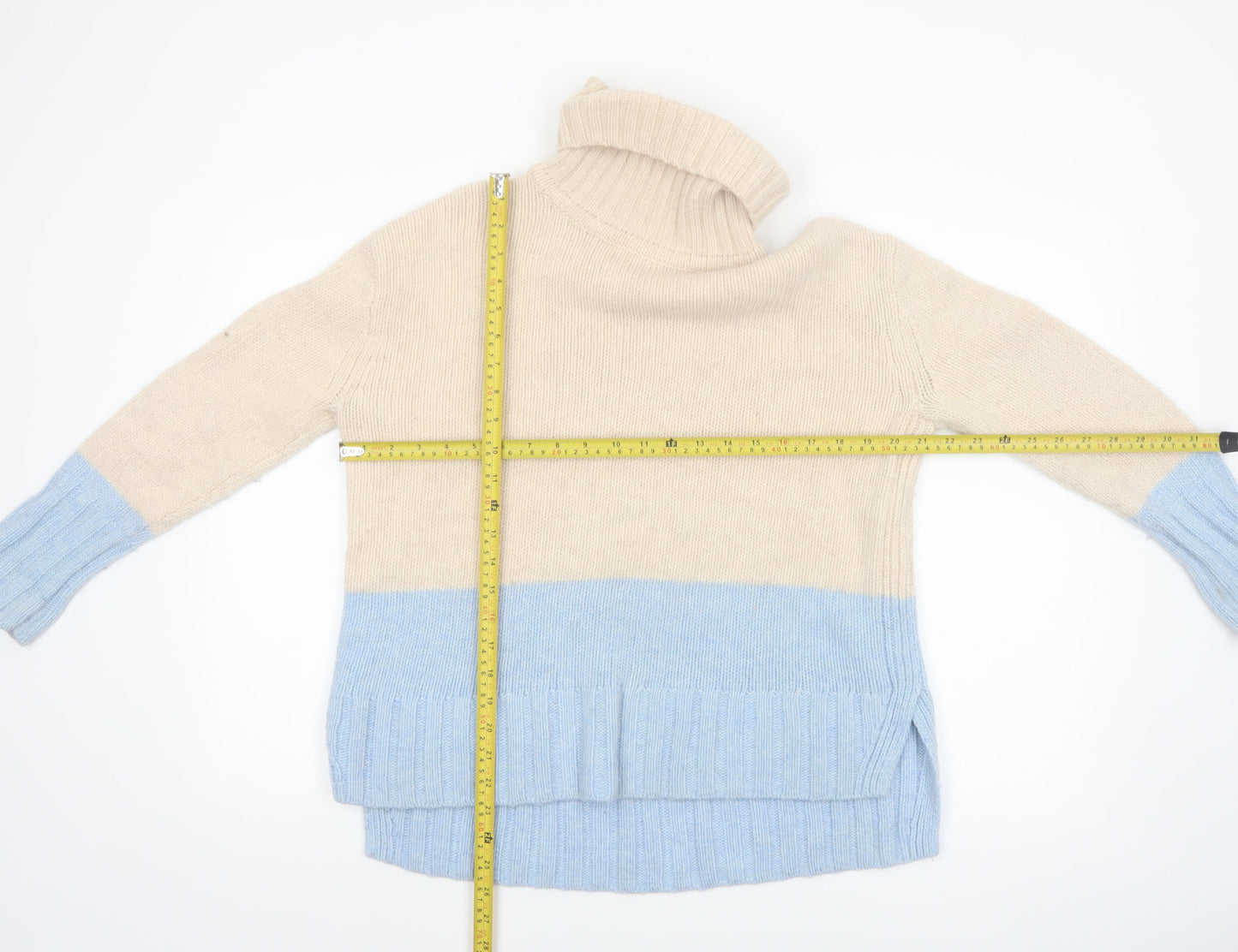 Reiss Women’s Beige Blue Roll Neck Wool Cashmere Jumper Size S