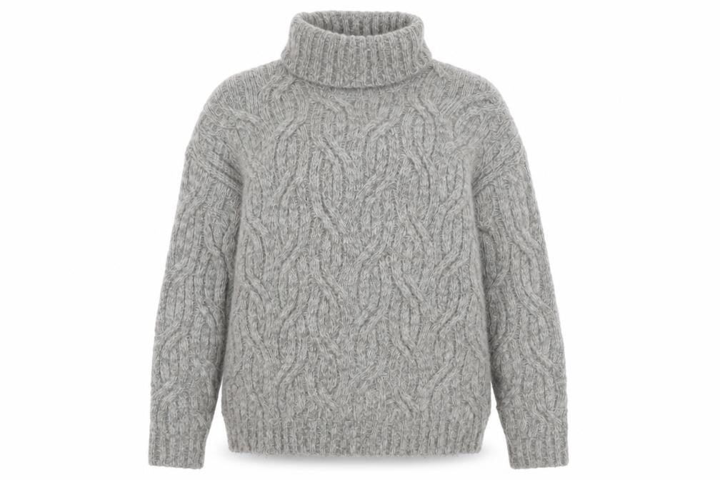Marks & Spencer Women Grey Roll Neck Cable-Knit Wool Blend Jumper Size S
