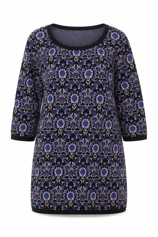 Monsoon Women Blue Floral Cotton Knit Shift Dress L