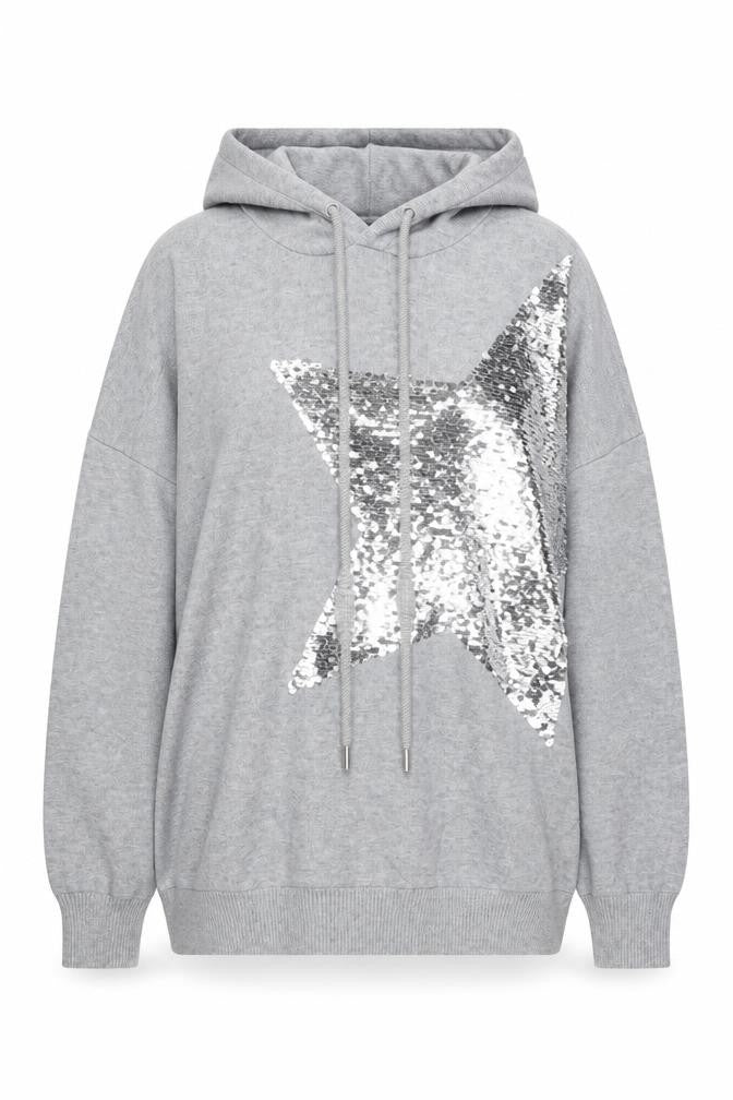 MOEWY Women’s Grey Sequin Star Hooded Pullover Jumper One Size