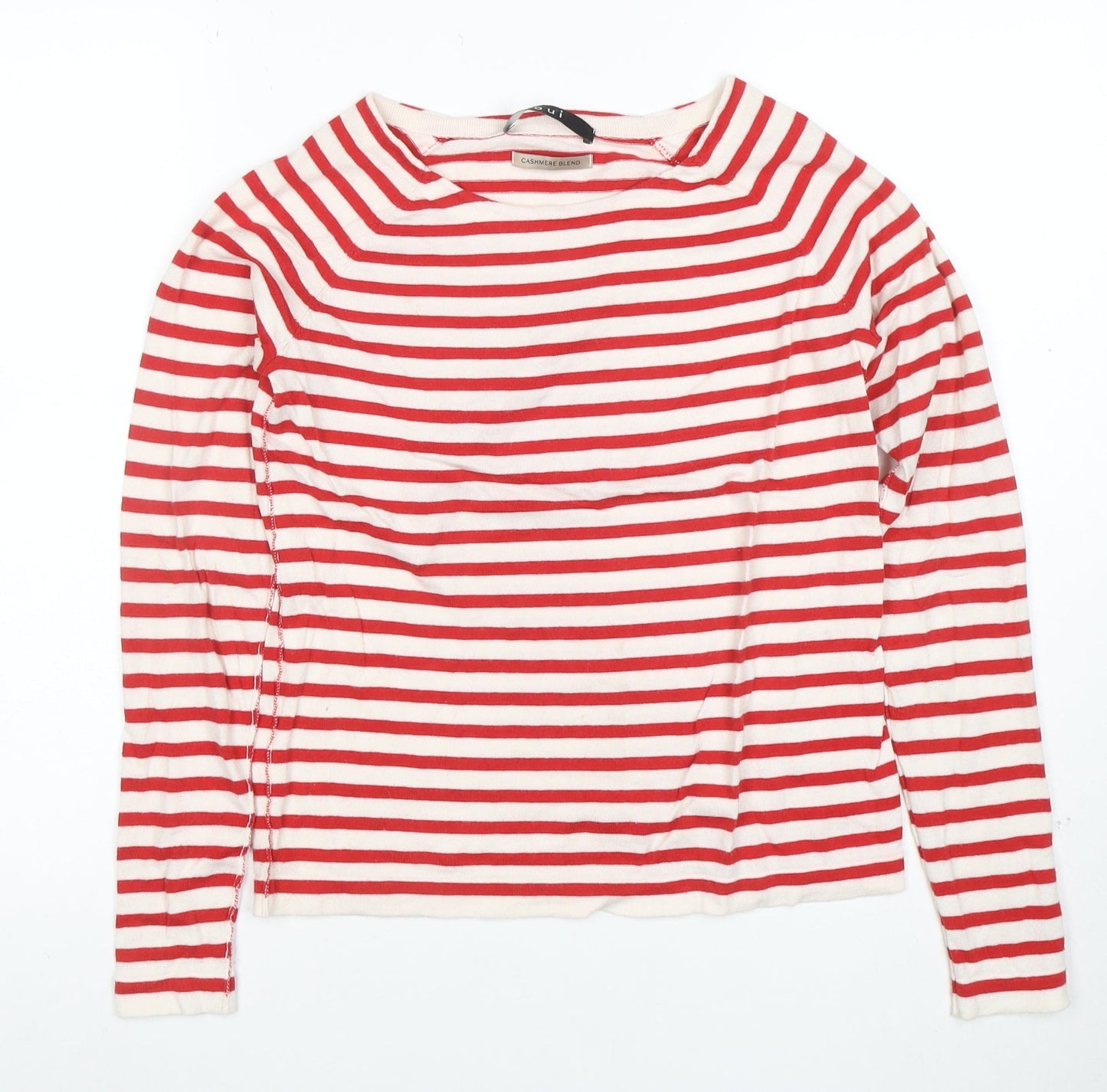 Oui Women Red Striped Boat Neck Cashmere Blend Long Sleeve Top Size 10