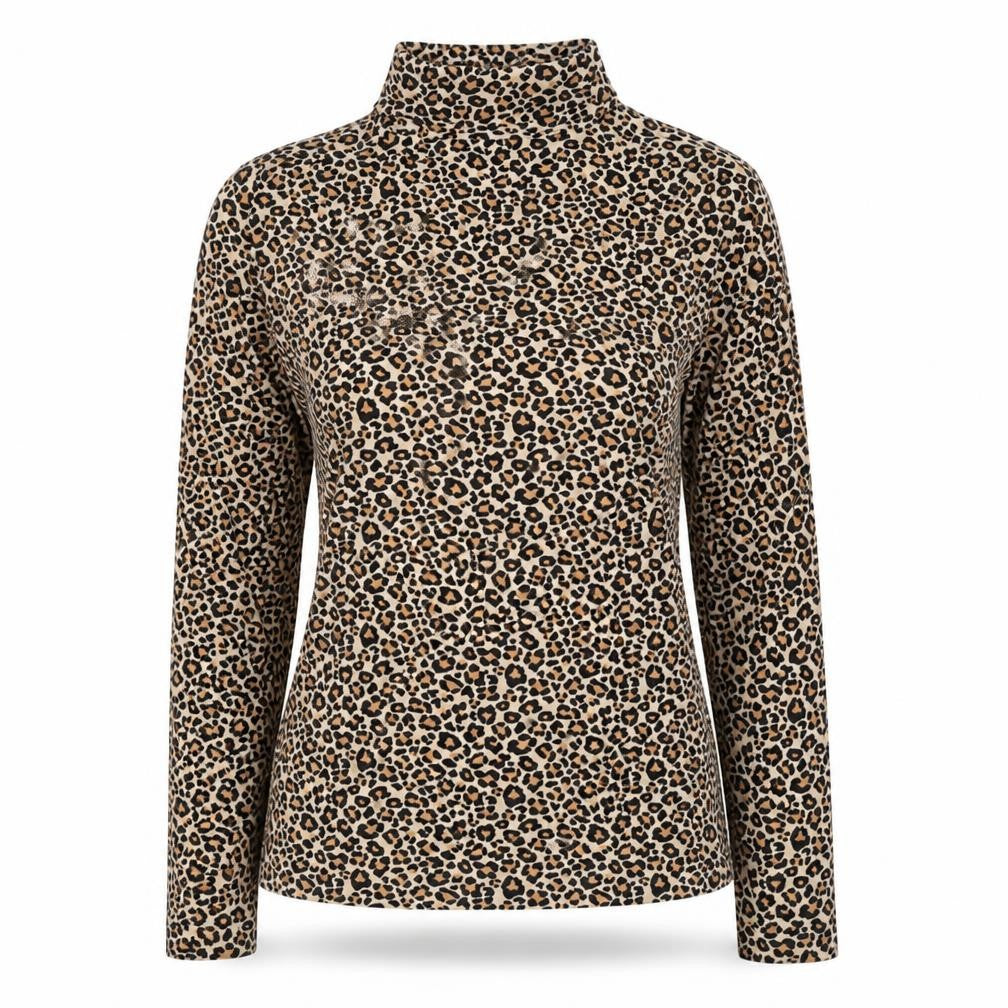 Peble Bay Women's Beige Leopard Print Roll Neck Long Sleeve Top Size M