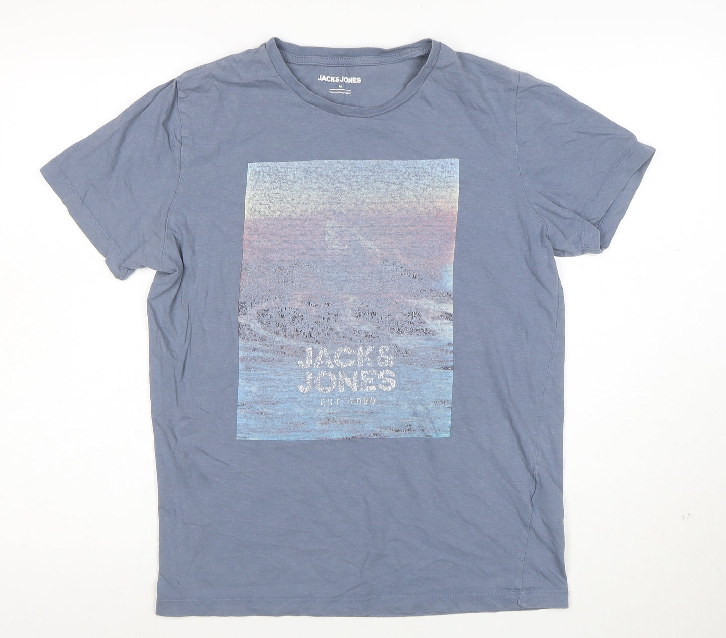 Jack & Jones Men's Blue Graphic Print Crew Neck Cotton T-Shirt Size M