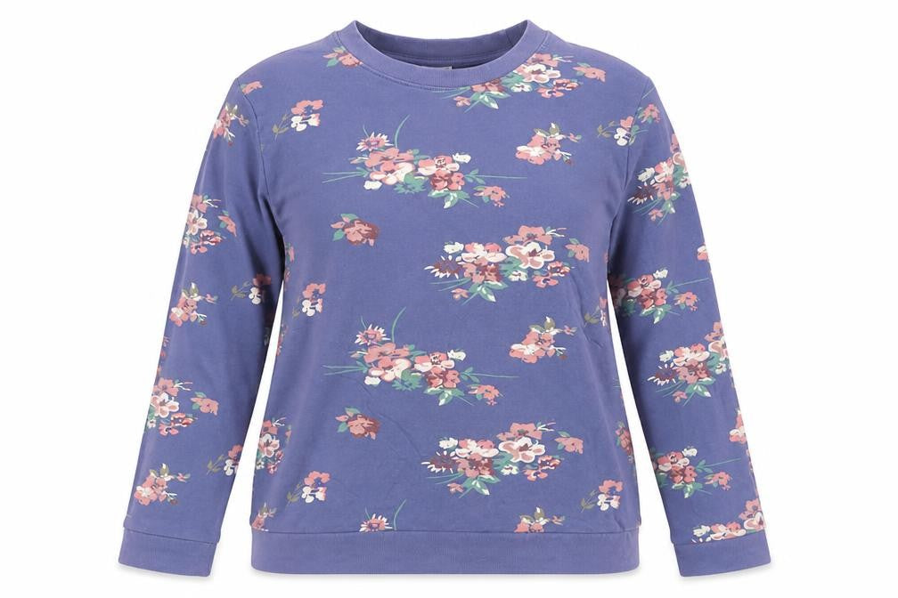 Damart Womens Blue Floral Pullover Sweatshirt L Long Sleeve Cotton Blend