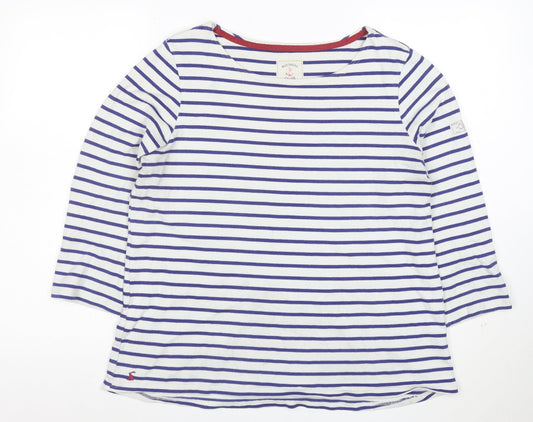 Joules Womens White Blue Striped 3/4 Sleeve Boat Neck Cotton Top UK 16