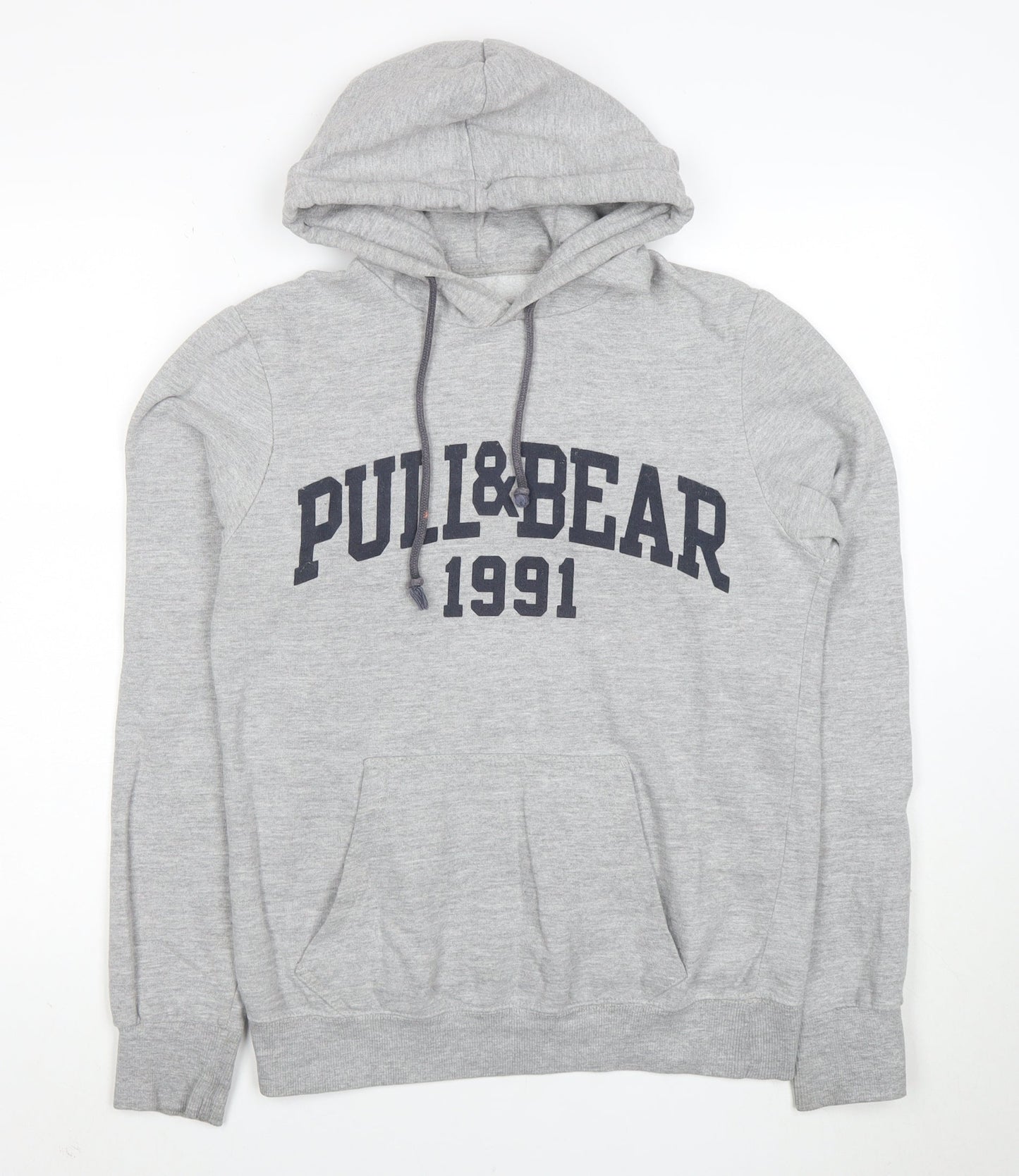 Pull&Bear Men Grey S Pullover Hoodie 1991 Graphic Logo Cotton Blend