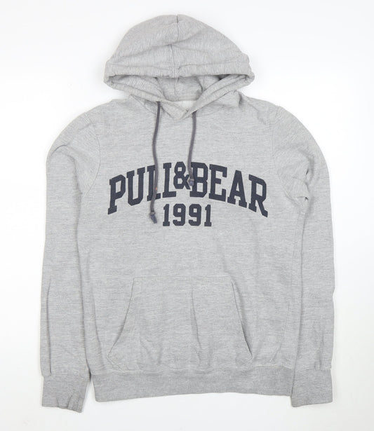 Pull&Bear Men Grey S Pullover Hoodie 1991 Graphic Logo Cotton Blend