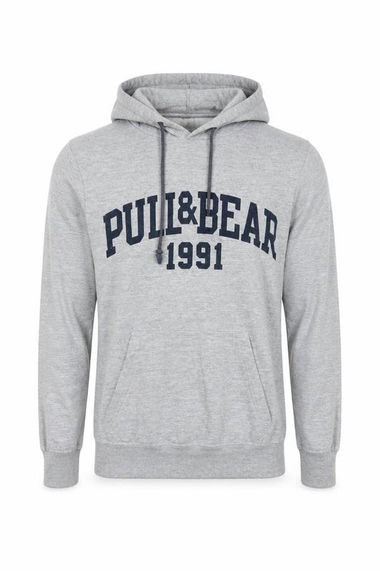 Pull&Bear Men Grey S Pullover Hoodie 1991 Graphic Logo Cotton Blend