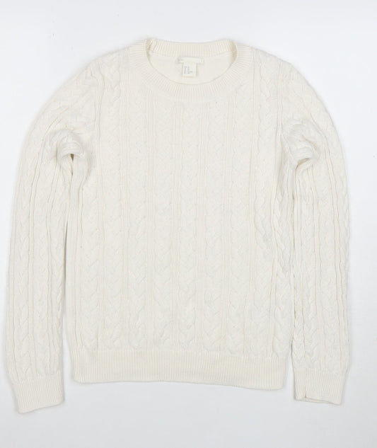 H&M Women Ivory Cable-Knit Cotton Blend Crew Neck Jumper XS