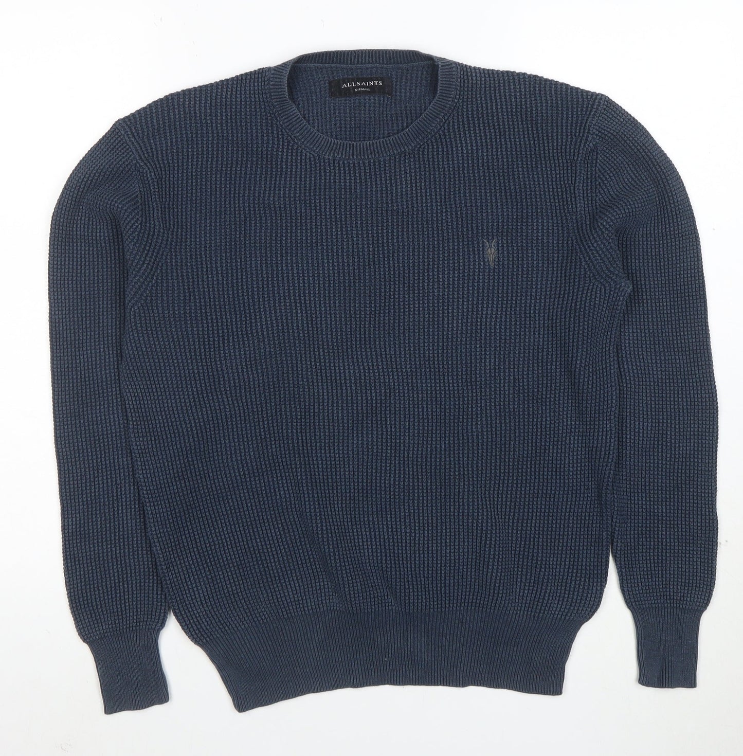 AllSaints Mens Blue Cotton Waffle-Knit Crew Neck Jumper XS