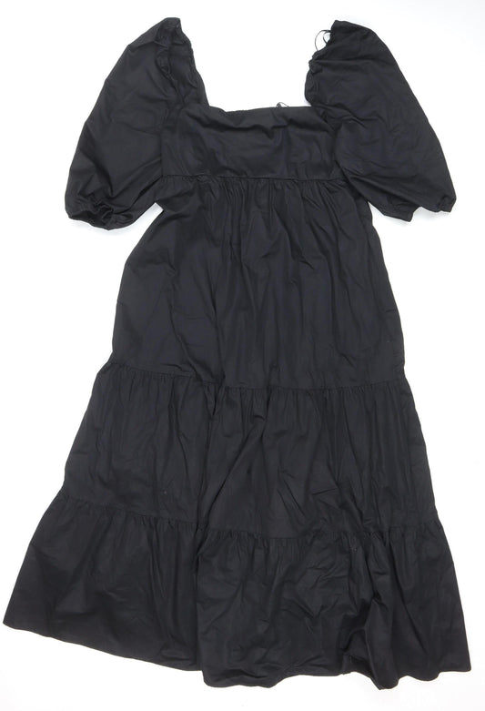 ZARA Women Black Puff Sleeve Smocked A-Line Midi Dress Size L