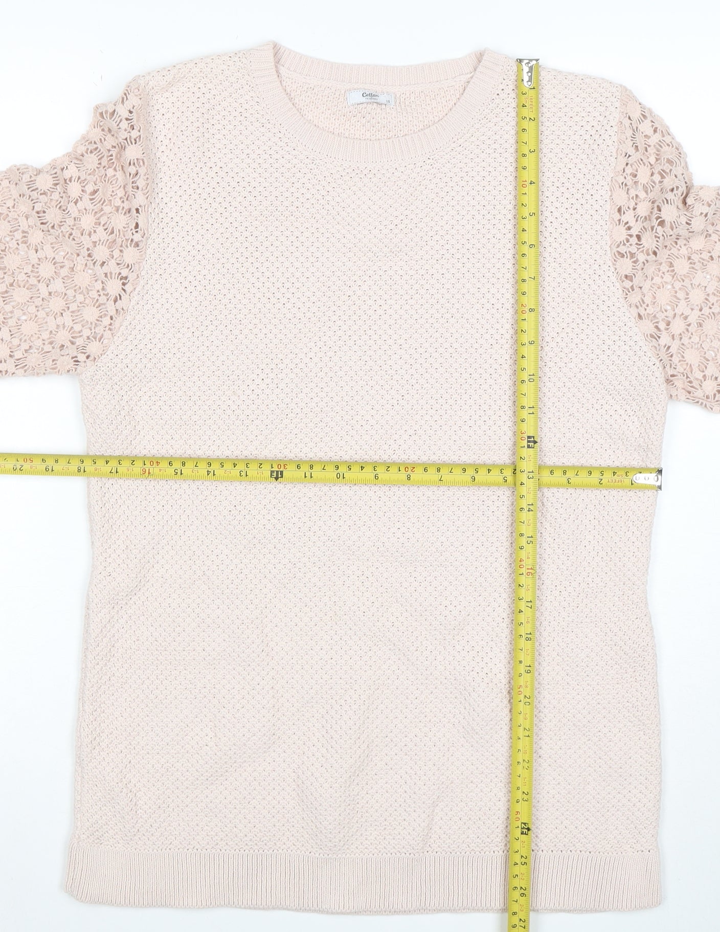 Cotton Traders Women Pale Blush Cotton Lace Sleeve Jumper Size 16