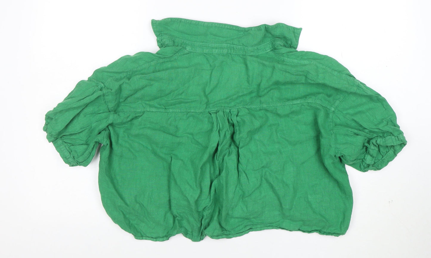 Zara Women Green Linen Cropped Button-Up Shirt M