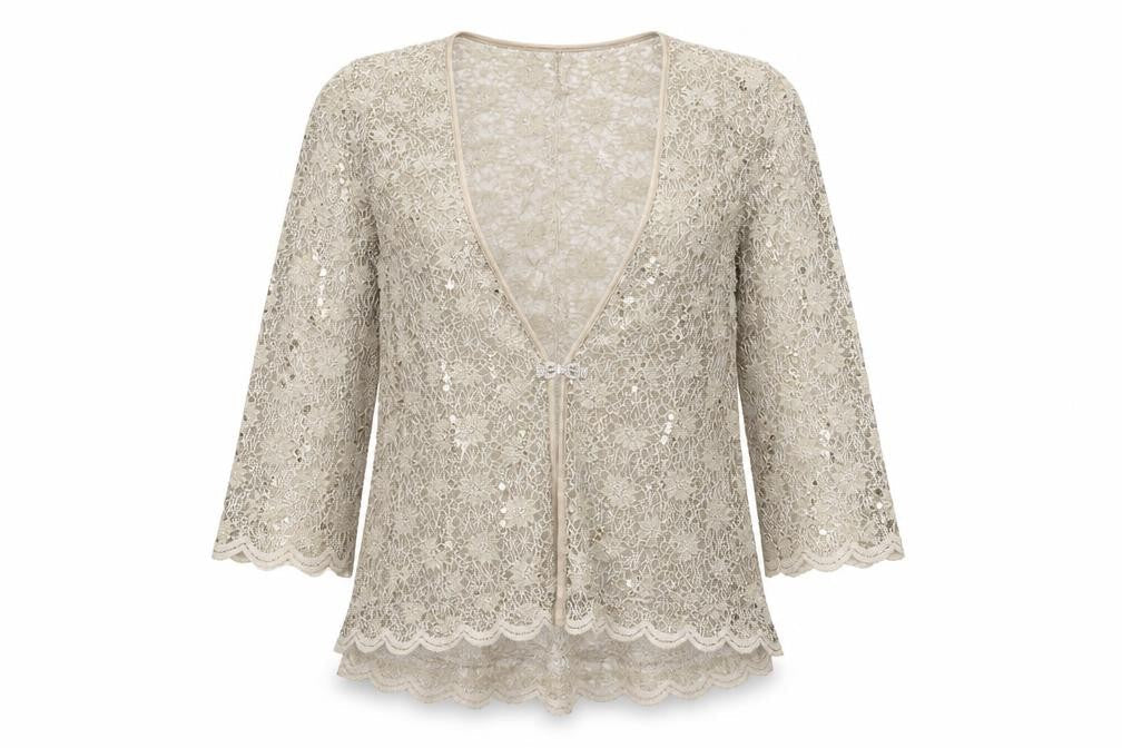 R&M Richards Women's Gold Lace Sequin 3/4 Sleeve Cardigan Size 12