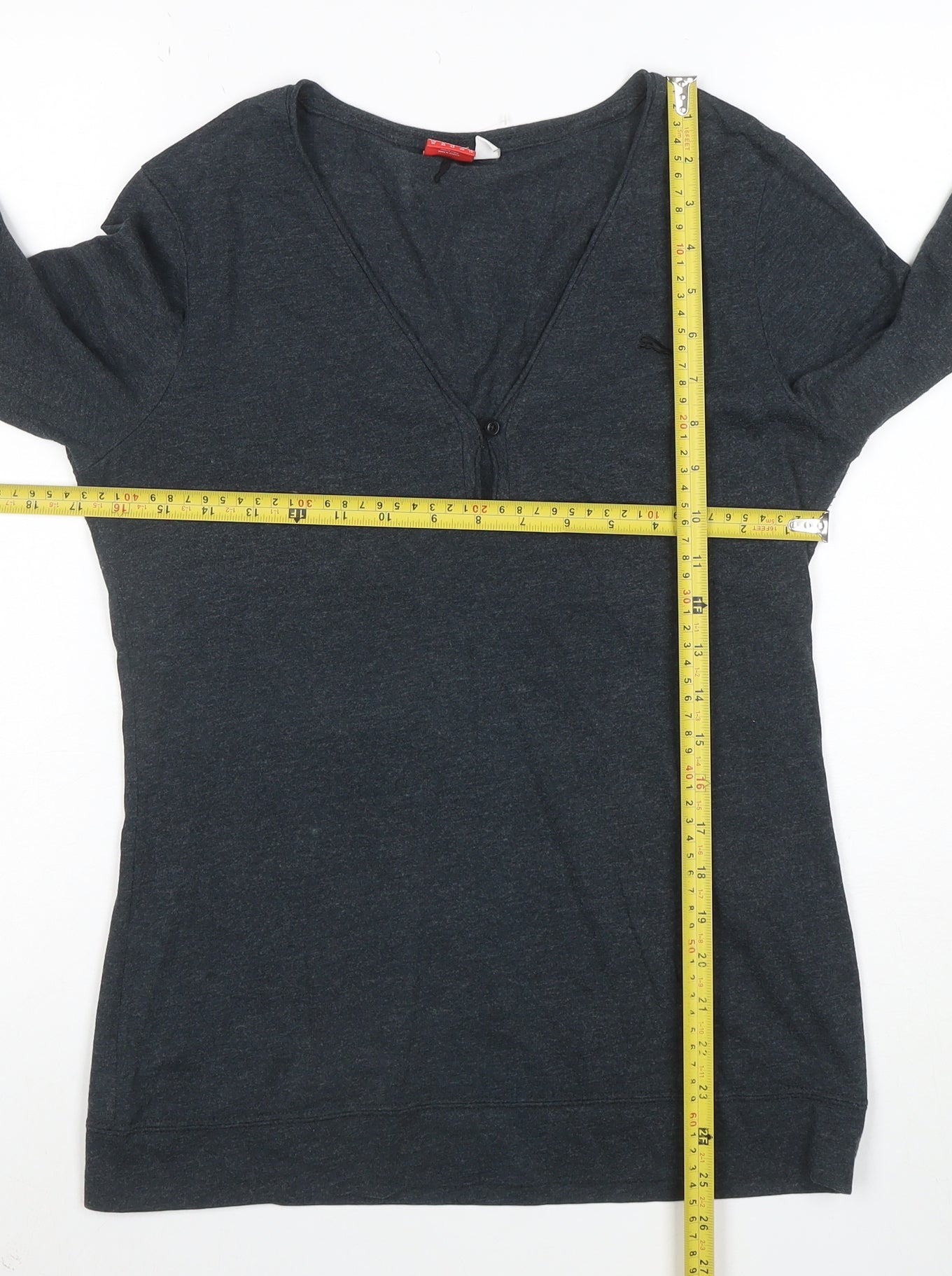 Puma Womens Grey Long Sleeve V-Neck Cotton Blend Top Size 12
