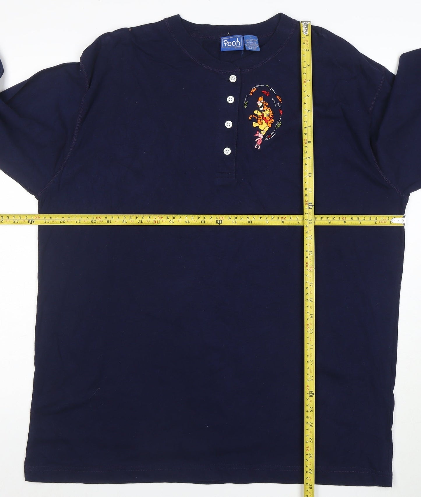 Pooh Men's Blue Long Sleeve Henley T-Shirt Size L Vintage Disney