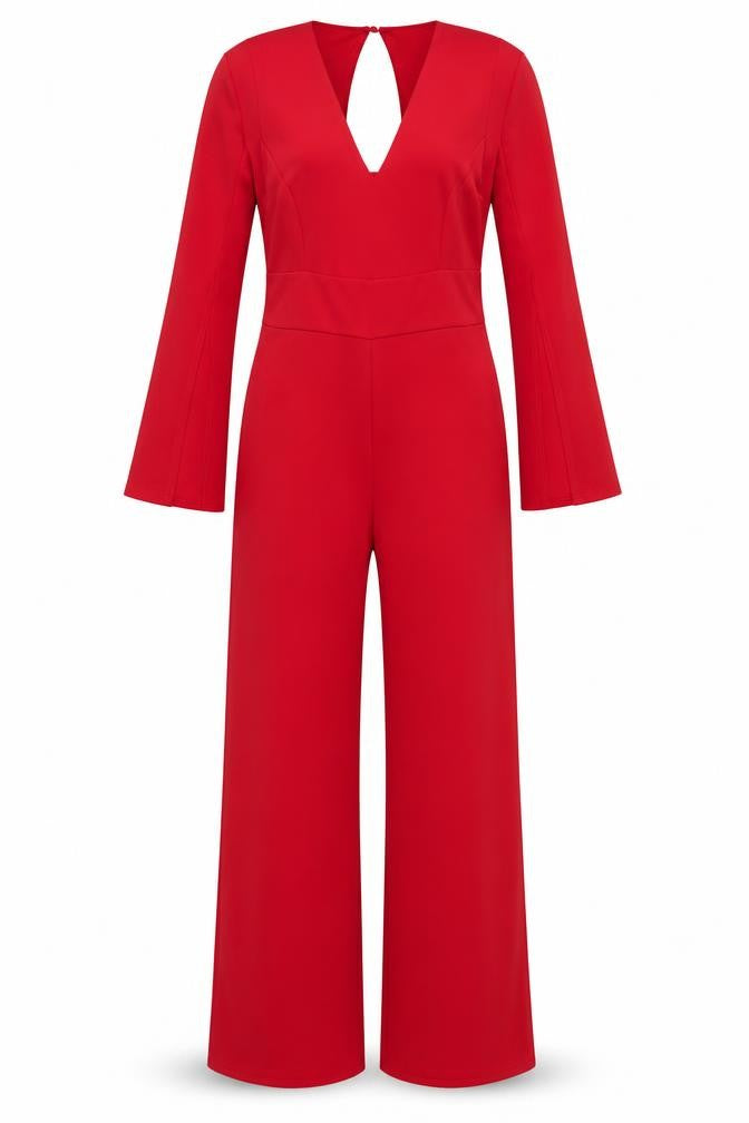 Quiz Women's Red Long Sleeve V-Neck Wide-Leg Jumpsuit Size 14