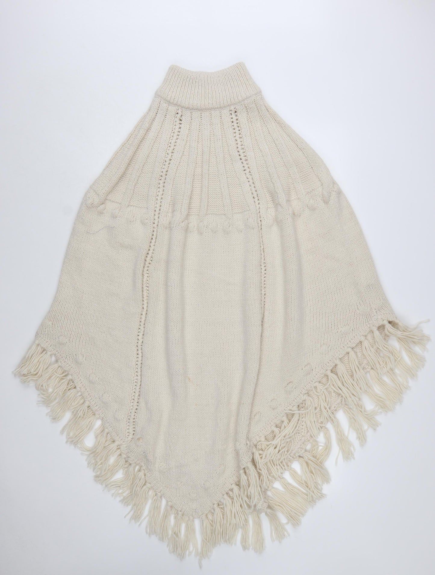 Monsoon Women’s Ivory Knit Fringe Cape Poncho One Size Acrylic