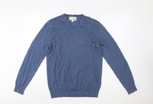 Marks and Spencer Mens Blue Merino Wool V-Neck Jumper S