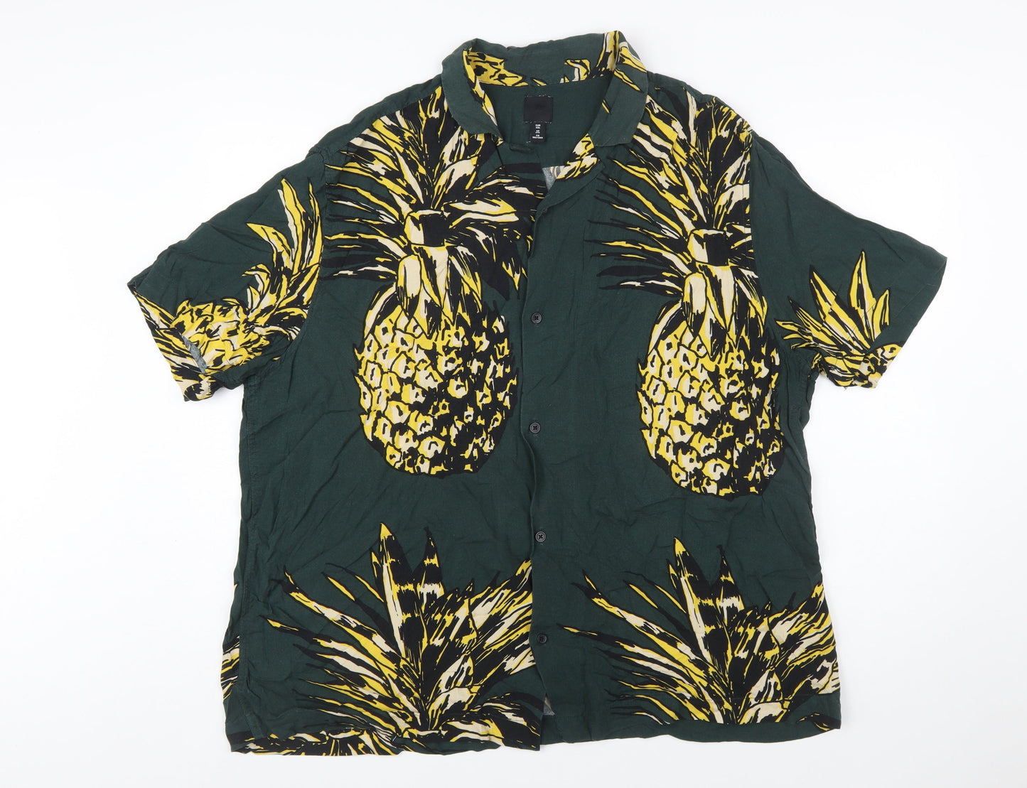 H&M Men's Green Tropical Pineapple Viscose Short Sleeve Shirt 2XL