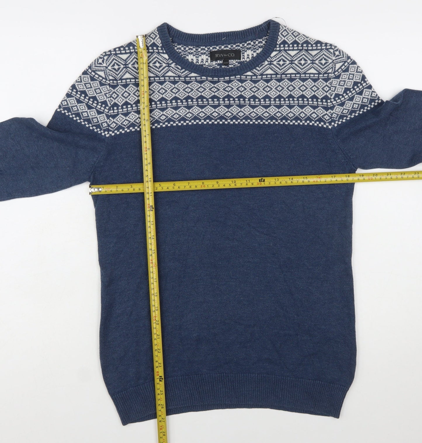 RW&CO. Men’s Blue Fair Isle Crew Neck Jumper XS