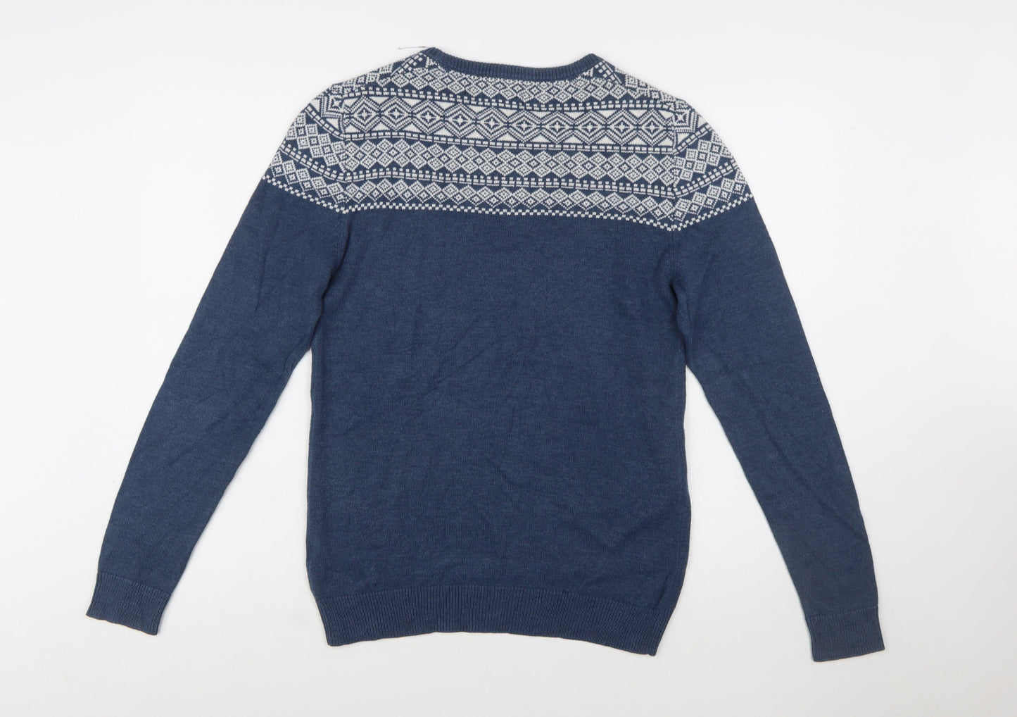 RW&CO. Men’s Blue Fair Isle Crew Neck Jumper XS