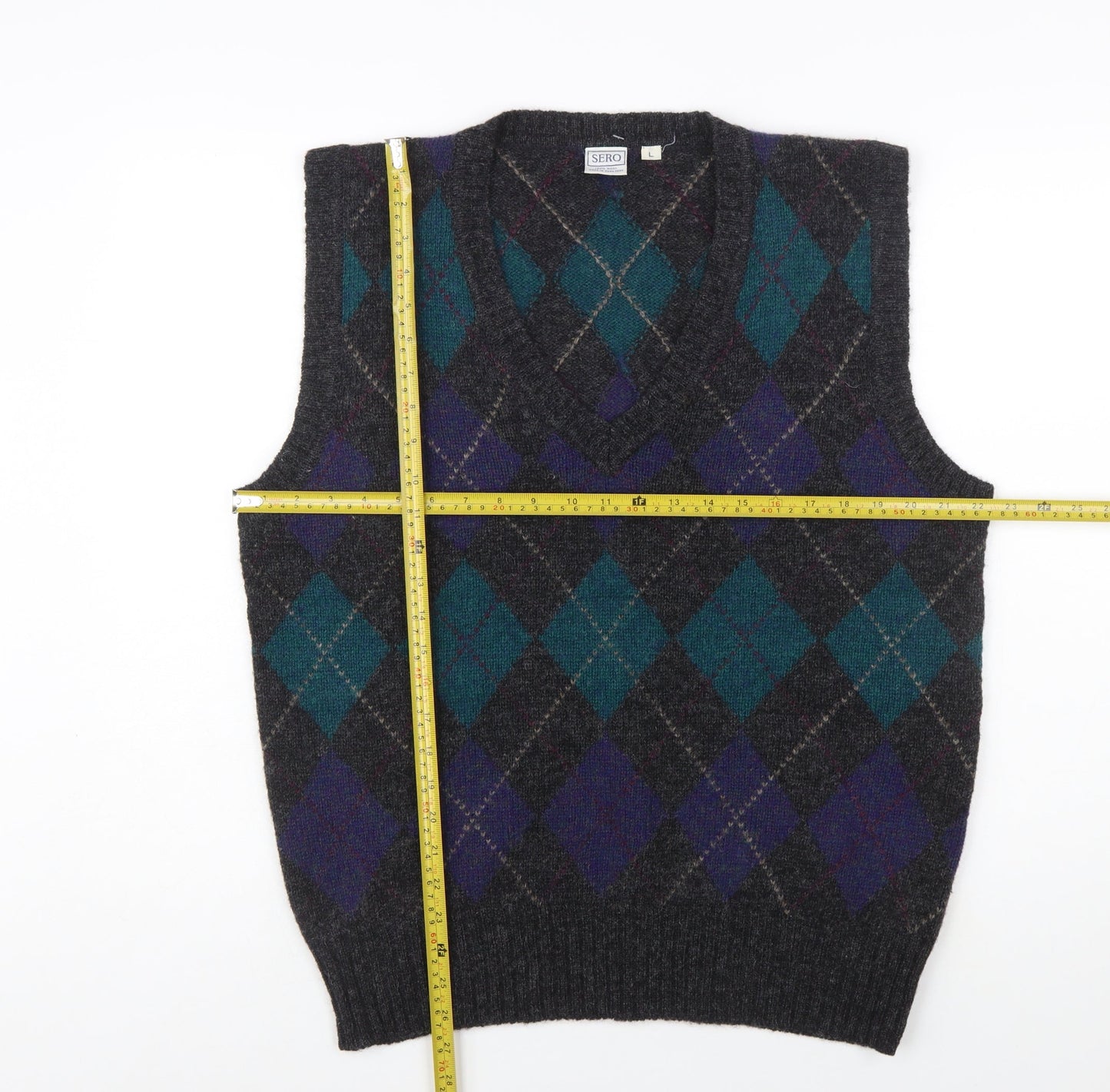 Sero Men's Grey Argyle Wool Sleeveless Vest Jumper L Classic Knit