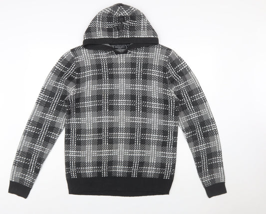 Brave Soul Men's Grey Check Hooded Pullover Knit Jumper Size M