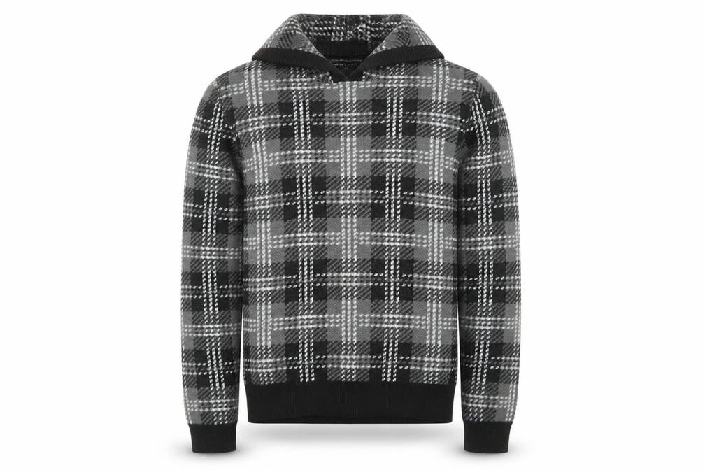 Brave Soul Men's Grey Check Hooded Pullover Knit Jumper Size M
