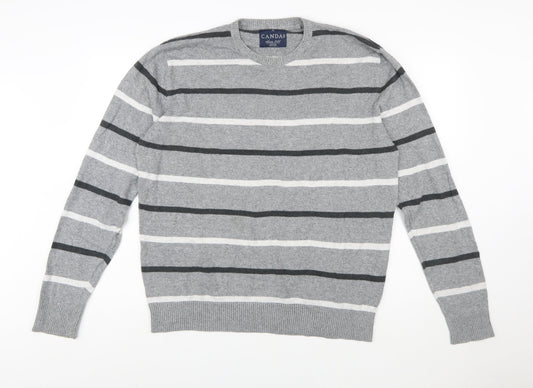 C&A Men's Grey Striped Cotton Blend Crew Neck Jumper XL