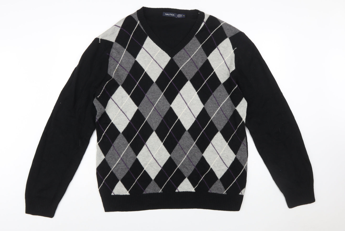 Nautica Men’s Black Argyle V-Neck Wool Blend Jumper XL